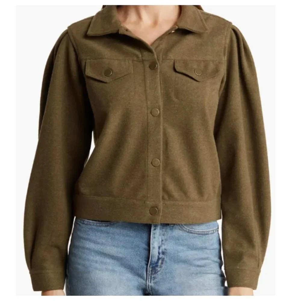 FOR THE REPUBLIC - Puff Shoulder Felted Cropped Jacket Womens Size M Olive